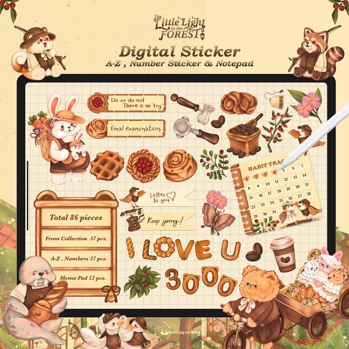 86 Digital Sticker : Number 1-10 , A-Z , memopad - The little light in the forest